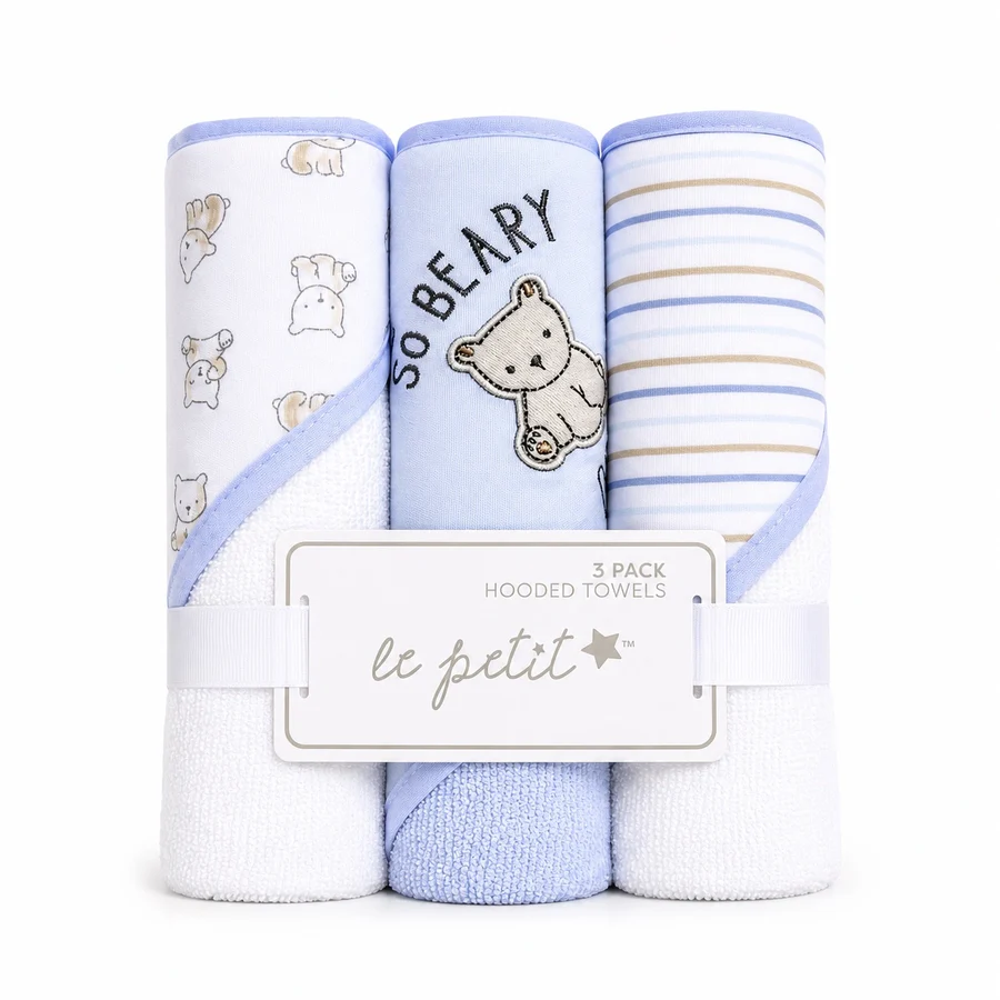 Pack of 3 Baby Hooded Towels – Blue Bear Design