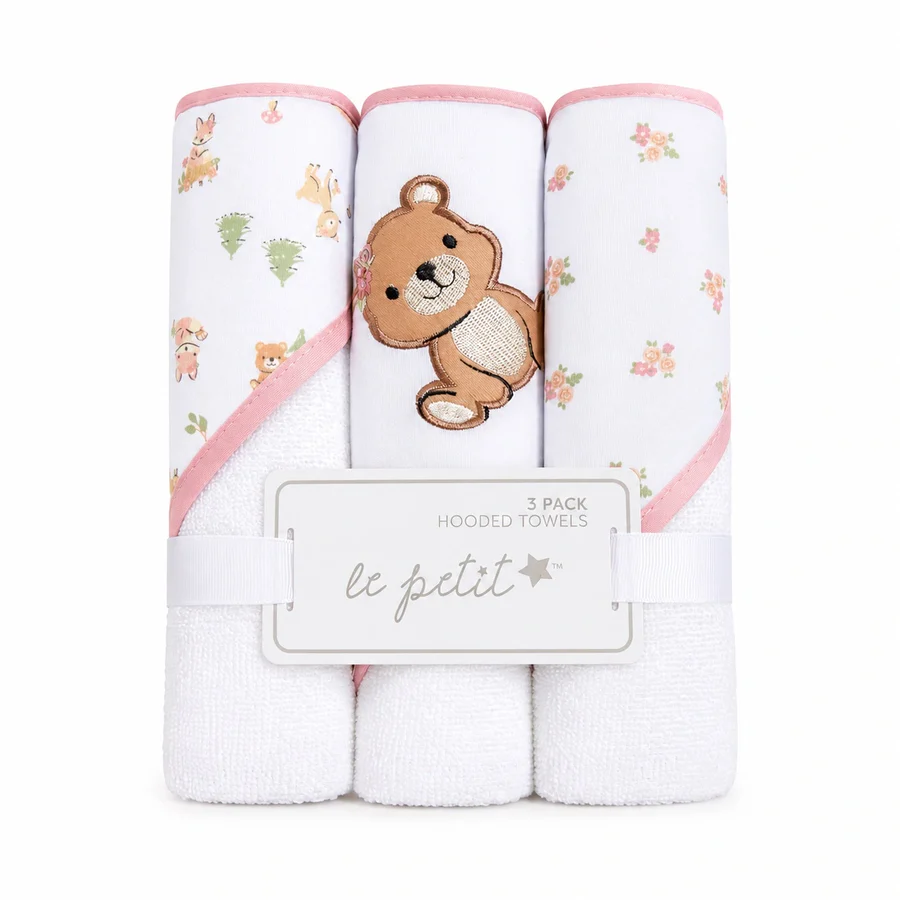 Pack of 3 Baby Hooded Towels – Pink Bear Design
